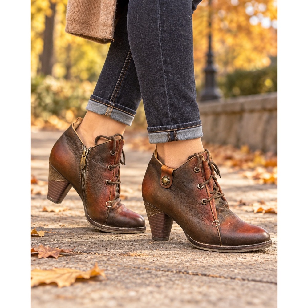 L'Artiste Juliane Brown Leather Hand Painted Lace Up Ankle Booties Size 37 6.5-7